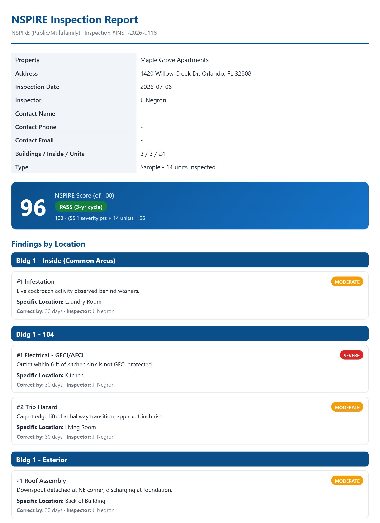 Professional NSPIRE inspection report with findings organized by building, unit, and severity
