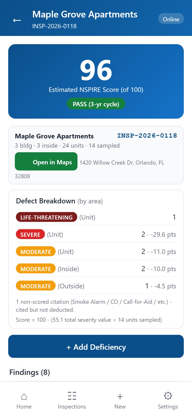 NspirePro app showing a live NSPIRE inspection score